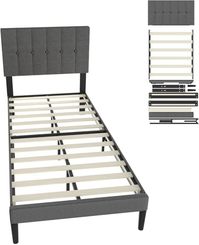 UISEBRT Cama tapizada de 90 x 200 cm – Marco de cama con botones, base de cama con cabecero tapizado de lino, soporte de listones de madera, cama doble para adultos, diseño moderno (gris oscuro)