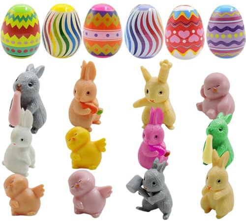 Rabbit Easter Eggs Toys 12pcs Easter Bunny Surprise Eggs, Coloured Easter Chicks Bunny Plush for Easter Egg Hunt Kit with Kids, Party Bag Fillers, Set with Multicolor Eggs, Easter Gift Box for Kids
