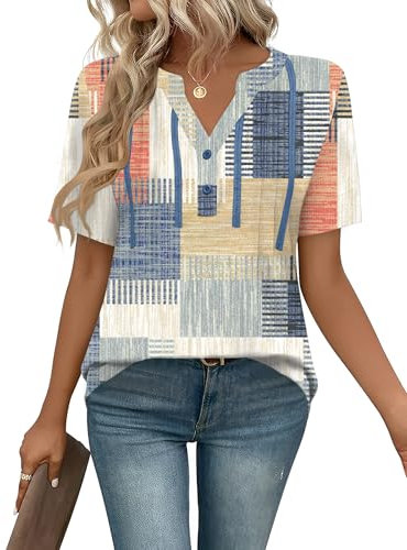 IECCP Women Tops Casual Short Sleeve T-Shirts Summer Buttons Dressy Tunic Fashion Floaty Pleated Clothes Shirts Colorful Plaid L (UK 16-18)