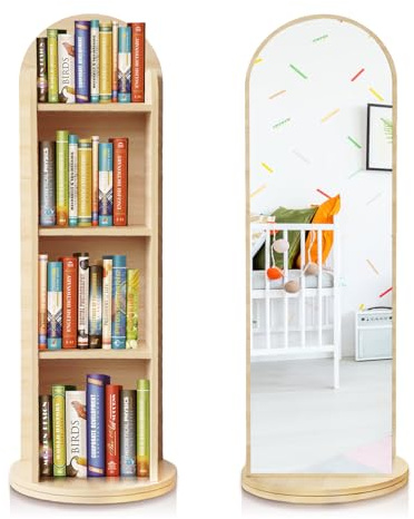 DELEMODUO Kids Rotating Bookshelf with Mirror, 48inch Wood Stading Floor Bookshelf for Small Space, 4 Tier Floor Standing Bookcase Storage Rack for Bedroom, Living Room, Study Room