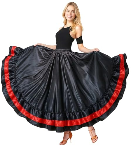 Baisdan Women's Layered Ruffle Satin Belly Dance Skirts for Spanish Bull Flamenco Mexican Dancing Skirt Black