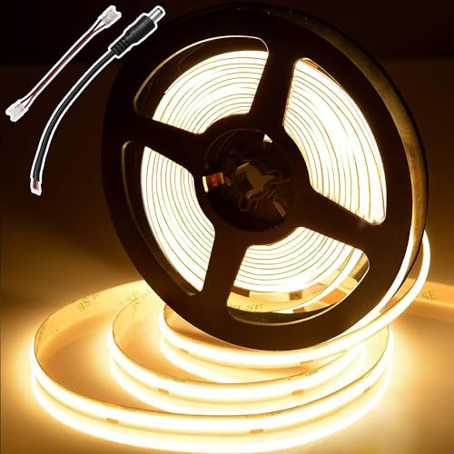 BERIXDEEP 12V COB LED Streifen 5m, 480LEDs/m, 8mm, 3000k, Ohne Netzteil | Warmweiss LED Strip Dimmbar, Durchgehende Licht für Innenbeleuchtung, Unterschrank, Wohnwand, Kleiderschrank, 9w/m, 90lm/w