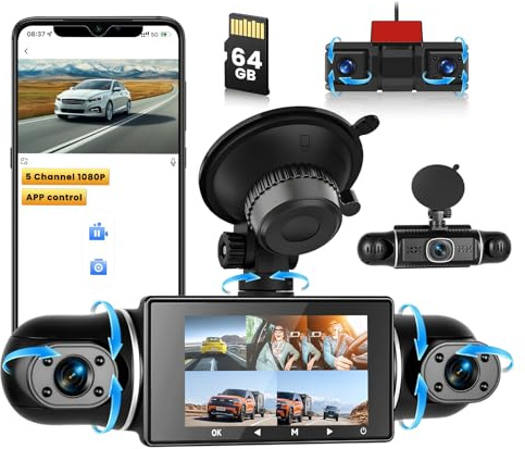 3 Pouces 1080P Dashcam 5 Canaux avec 64G Carte TF Commande Via App WiFi | IPS Dashcam avec Ultra Vision Nocturne 150° Grand Angle 24 Surveillance de Stationnement G-Sensor Enregistrement en Boucle