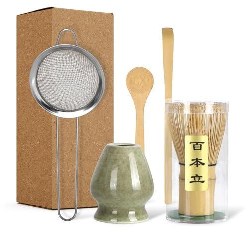 Matcha Schneebesen Set, 5 Stück mit Bambus Matcha Schneebesen, Keramik Chasen Halter, Pulver Starter Sieb, Bambus Schaufel, Löffel, Matcha Tee Herstellung Werkzeuge für Starter Matcha Liebhaber