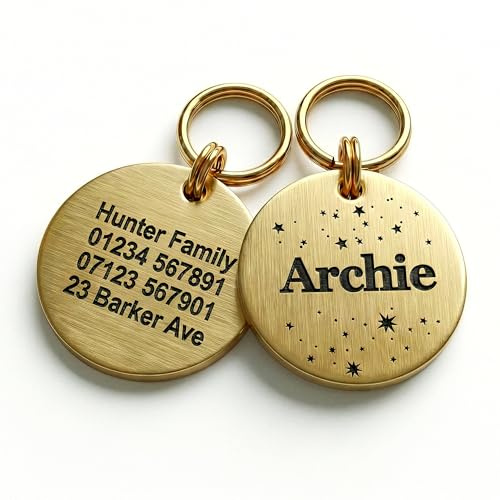 Personalised Brass Dog Tag – Custom Name with Star Design, Deep Engraved Pet ID for Dogs & Cats, Solid Brass, UK Made (Small - 20mm)