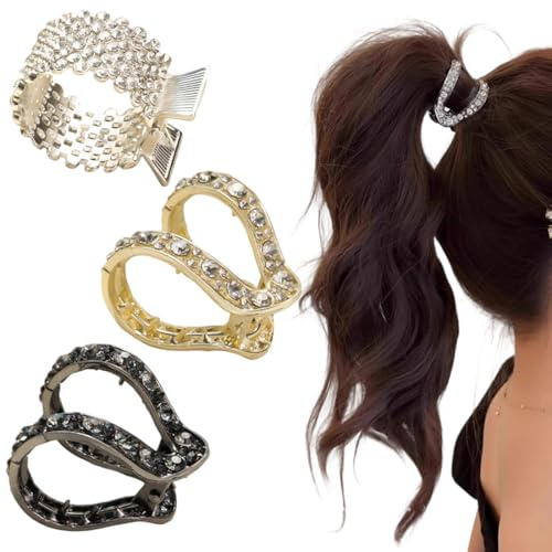 ZORVYN 3 Pezzi Fermagli per Capelli Donna Antiscivolo con Strass, Eleganti Mollette in Metallo per Coda Alta, Adatti a Capelli Spessi e Sottili (Oro, Argento, Nero)
