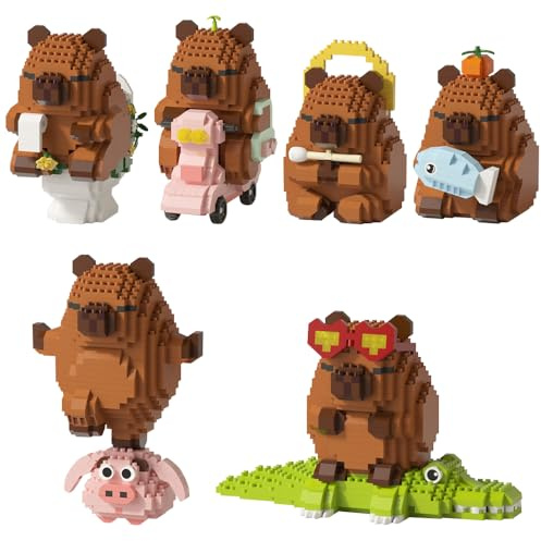 Foreverup 6 Stück Tier-Blöcke Micro Building, Capybara Mikro Bausteine Spielzeug Kit, Particle Baustein-Set, Cartoon Anime MiniBausteine, Mini Bausteine DIY-Spielzeug Für Erwachsene