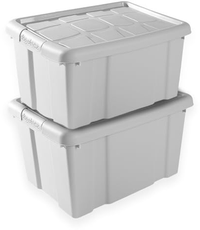TIENDA EURASIA - Pack de 2 Cajas de Ordenación de Plástico | Con Tapa | Multiusos | Clips de Cierre | Apilables | Contenedor para Almacenar Juguetes, Ropa, Mantas (Gris, 16 Litros)