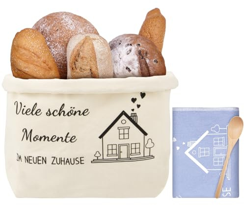 ZYNERY Einweihungsgeschenk Haus Brotkorb aus Stoff, Ideen Geschenk zum Einzug Ins Haus Brotkorb Einzugsgeschenk Wohnung mit Geschirrtuch Holzlöffel für Neue Zuhause-Viele schöne Momente IM NEUEN ZUHAU