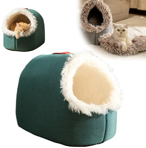 Katzenhöhle Hundehöhle Kuschelhöhle Katze Wärmeschutz im Winter Katzenbett Katzen Zubehör Plüsch Katzenkissen für Katzen Kleine Hunde (Grün, Mittel)