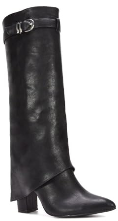 ESSEX GLAM Women's Fold Over Knee High Boots Ladies Black Synthetic Leather Pointed Toe Buckle Block Heel Size 6