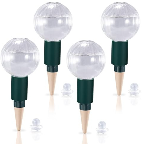 Soilagua 12 oz Plant Watering Globes Top Fill, Clear Glass Water Bulbs with Terracotta Spikes Stake, Vacation Slow Release Self Watering Planter Insert, Automatic Drip Device, 4 Pack