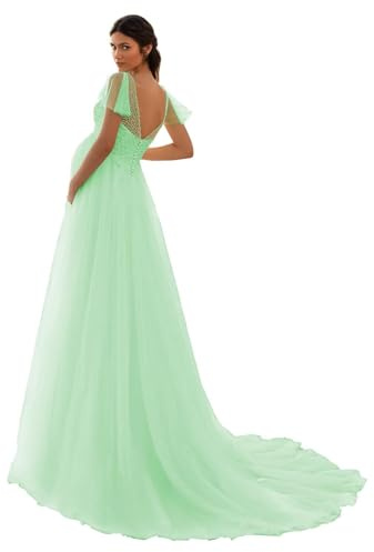 HAIBFJIN Vestido de maternidad de tul, cuello en V, vestido de novia para embarazadas, vestidos de maternidad para baby shower, sesión de fotos, Menta, 50