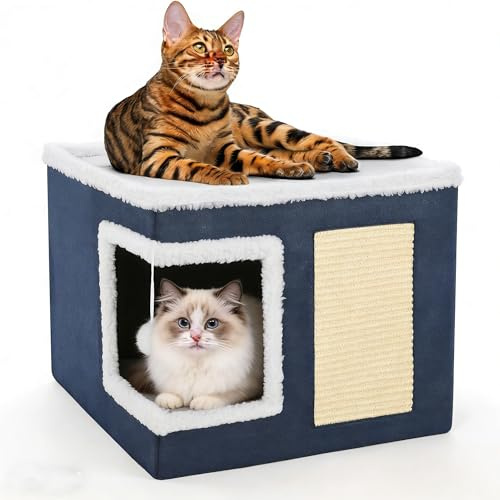ERNAN Casa para Gatos Interior Plegable con Rascador, Cama para Diversos Estilos de Decoración del Hogar, para Pequeños Animales Interiores (Dark Blue)