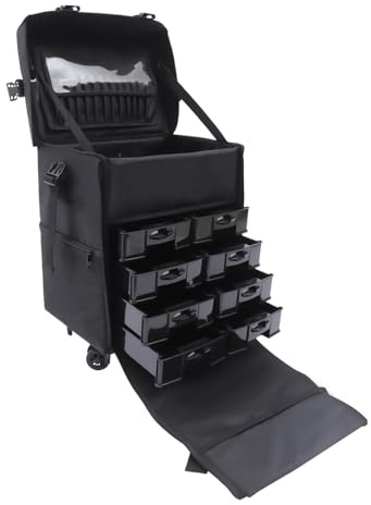 HUOMMGS 2 In 1 Kosmetikkoffer Trolley Professioneller Schminkkoffer Multifunction Friseurkoffer mit 8 Schubladen & 4 Räder Fußpflege Koffer mit 2 Boxen Kosmetiktrolley für Friseure