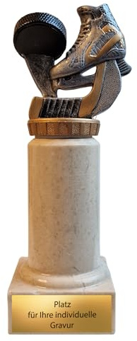 Eishockey Pokal 17 cm - Resin Trophäe mit Schlittschuh, Puck & Schläger | Edler Marmorsockel, ca. 440 g schwerer Sportpokal inklusive Gravurschild, ideal für Turniere & Vereinsmeisterschaften.