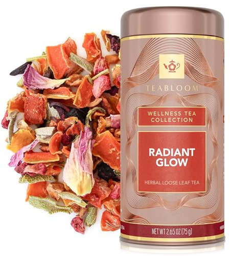 Teabloom Radiant Glow Loose Leaf Herbal Tea with Fruit, Flowers & Spices | Vibrant Caffeine-Free Botanical Blend | Canister Makes 35–50 Cups | Gift-Ready Reusable Tin