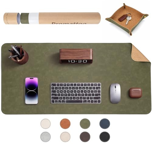 PROMATTOO Faux Leather Desk Mat with Valet Tray, Non-Slip Waterproof Desk Pad, Cork-Effect Printed Backing, Desk Protector with Gift Tube for Office & Home(Olive Green)