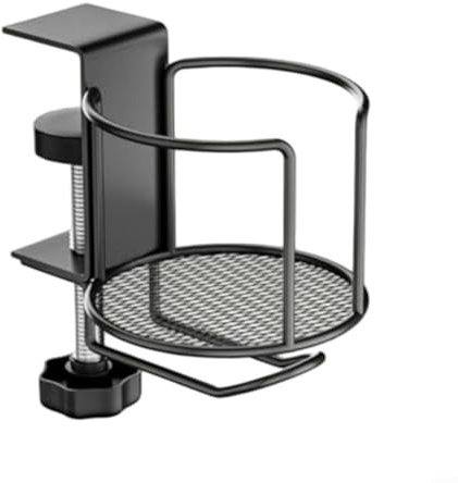 Portabicchieri da scrivania 2 in 1, con morsetto anti-fuoriuscita, supporto per bottiglie da tavolo, in acciaio inossidabile 304, per ufficio, gioco, spiaggia, adatto a tavoli spessi 1-6,8 cm, nero