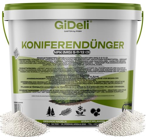 GiDeli Koniferendünger 20 kg im Eimer, Thuja Dünger mit Magnesium | Koniferen Dünger für große Hecken, gegen Nadelvergilbung, Vorrat für die Saison, sattes Grün im Beet