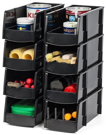 IRIS USA Large Stackable Storage Bins, 8-Pack, 13L x 6W x 5H, |Made in USA|, Plastic Open Front Shelf Bin for Organizing Parts, Hardware, Tools, Supplies, Garage Shelf, Pantry - Black