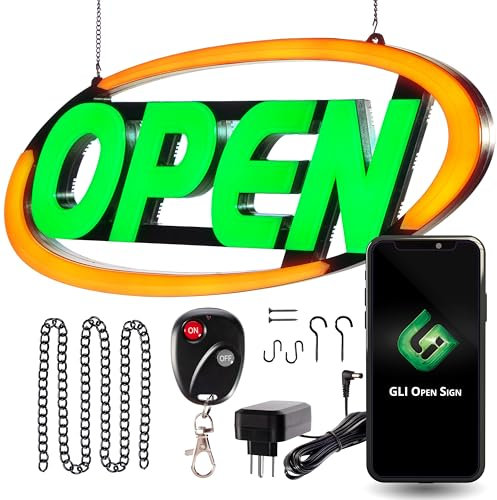 Green Light Innovations Super-Bright LED Open Sign for Business 15x32 in - 64 Color Combos via Bluetooth App or Remote - Programmable On/Off Timer, Scroll/Flash/Phase Modes - Daylight Visible