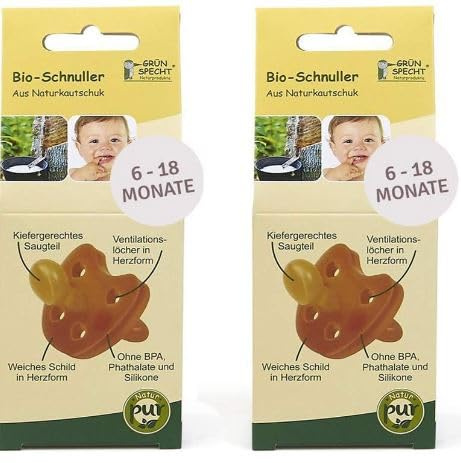 Gruenspecht Schnuller aus Naturkautschuk 6-18 Monate, 2er Set, weiches Schild in Herzform, Kieferorthopädische Form