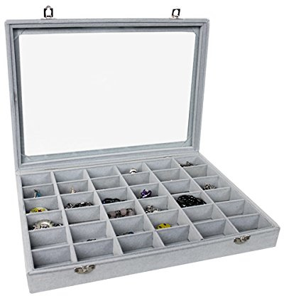 Schaukasten Schmuckkasten Schmucklade Schmuckdisplay Glasdeckel grau (36 Fächer)