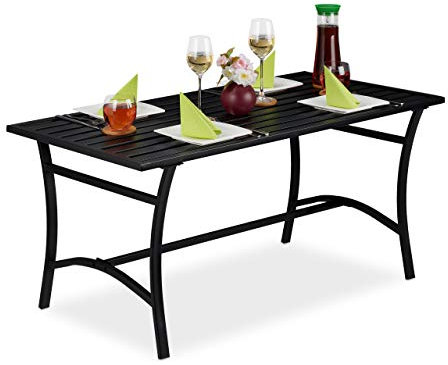 Relaxdays Mesa Jardín Rectangular, Mesita Exerior Balcón y Terraza, Resistente y Robusta, Metal, 55,5x120x60 cm, Negro