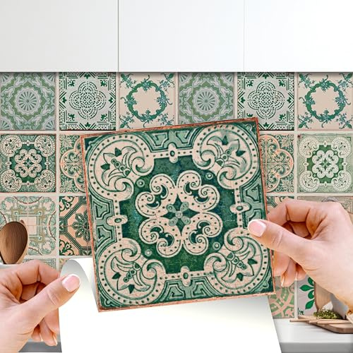 WALPLUS 15cm(6) 120 pcs Vintage Green Antique Azulejo Wall Tile Stickers Peel and Stick Backsplash Self-Adhesive Vinyl Home Decoration Living Bedroom Splashbacks for kitchen Tile Paint Stick on Tiles