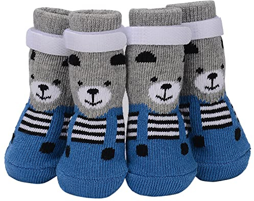 PETLOFT Anti-Rutsch Hundesocken, 4 Stück Indoor rutschfest Hundesocken mit Einstellbar Abnehmbar Befestigungsband für kleine mittelgroße Hunde Katzen Welpen Altere Haustiere (3XL, Graue Pfote)