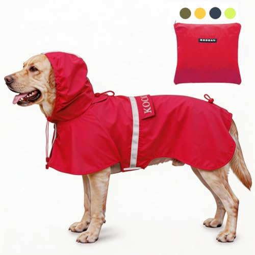 KOOGAL Große Hunde Regenjacken Mit Kapuze,Hunde Regenmantel,Mit Reflektierenden Sicherheitsstreifen, Wasserdichter Hundemackintosh, Geeignet Für Mittlere Und Große(Rot, 4XL)