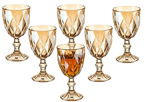 Vintage Wine Glasses Set of 6, 10 Ounce Colored Glass Water Goblets, Unique Embossed Pattern High Clear Stemmed Glassware Wedding Party Bar Glass Drinking Cups Fancy Wine Glasses Amber