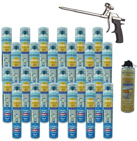 DSTOCK60 - Lot de 24 mousses expansives pistolables 750 ml + 1 Nettoyant Mousse + 1 pistolet - Mousse polyuréthane professionnelle - Isole, colle et rebouche - Extérieur et intérieur