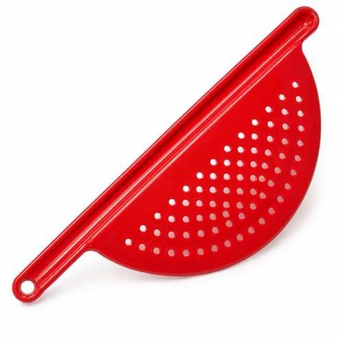 Handy Housewares Handheld Plastic Pot Drainer, Noodle & Pasta Strainer with Handle - Fits up to 9 Pots - Red