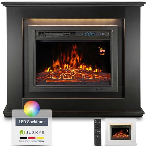 Juskys camino elettrico 1000/2000 W con riscaldamento, fuoco di camino, effetto fiamma, telecomando, illuminazione a LED e timer - Camino elettrico da terra nero