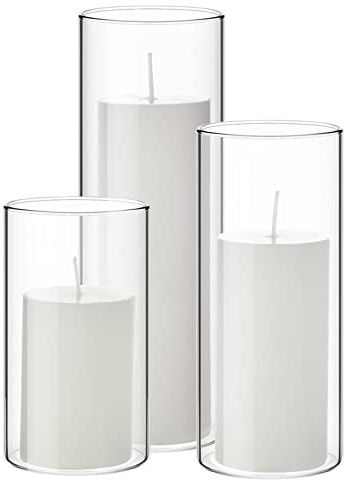 Shihanee Set di 3 candele a colonna e 3 vasi cilindrici in vetro, trasparenti, per centrotavola nuziali (6,6 x 12,9 cm, 15 cm, 20 cm, bianco)