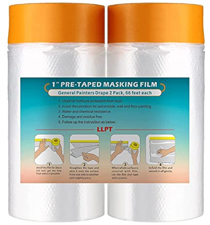 LLPT Tape and Drape Pre-Taped Masking Film | 90cm(Unfolded) x 20m | Each 2 Pack | General Painters Plastic Dust Sheets for Auto Wall Furniture Painting Spraying Protection (MFT902)
