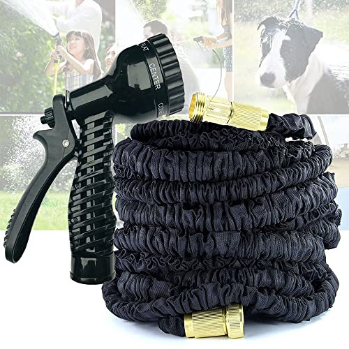 200ft Black Expandable Garden Hose Pipe Expanding Water Hose with 7 Watering Modes Spray Gun, Flexible Water Hose Pipes, Anti-Leakage Non-Kink Lightweight Magic Hose for Watering Washing Cleaning