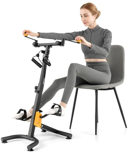 Goplus Foldable Pedal Exerciser for Seniors, Hand Arm Leg Knee Physical Therapy Exercise Bike w/Adjustable Height, Handgrip, Resistance Band, Recovery Home Workout Equipment for Elderly