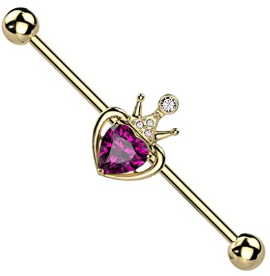 beyoutifulthings Industrial-Piercing Zirkonia Herz Krone Gold Pink Industrial-Barbell Industrial-Bar Chirurgenstahl Stab-länge 38-mm