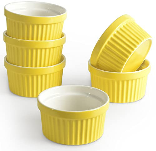 homEdge Juego de moldes de porcelana, 240 ml, cuenco para helado, taza de soufflé de ramequines para hornear, juego de 6 unidades, color amarillo
