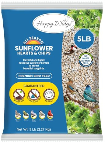 Happy Wings NO GROW Sunflower Hearts & Chips Bird Food for Wild Birds - Highly Nutritious Bird Feed - (5 lbs)