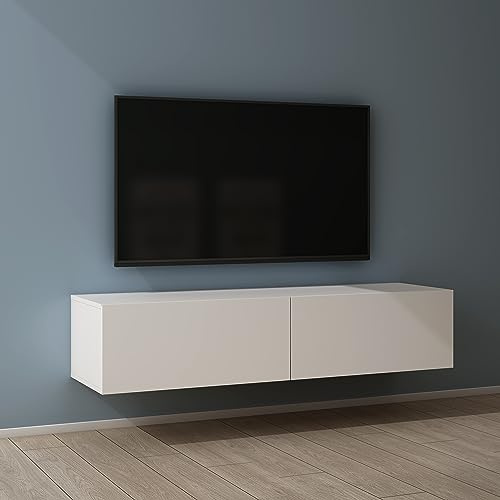 Mai & Mai Fernsehschrank Hängend TV Lowboard hängend mit Gasdruckfedern | TV Schrank mit Klappen, viel Stauraum, Wandmontage in Matt Weiß, Breite: 140 cm, Fernsehschrank02