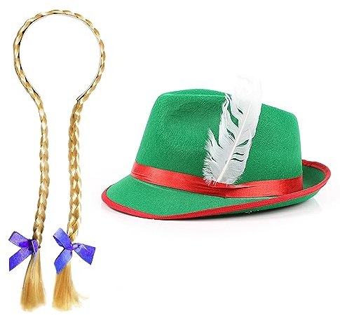 Ladies Bavarian Accessory Set - Green Bavarian Hat and Blonde Plait Wig with Blue Ribbons - Adults Bavarian Oktoberfest Fancy Dress Costume Accessory Set