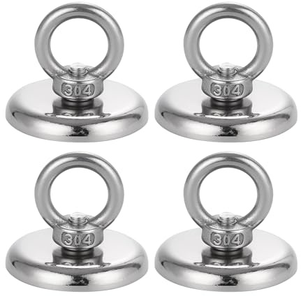 TIDEVAN 4 Stück Magnete Stark Groß 50kg Neodym-Magnet Durchmesser 42 mm Starker Magnete Schwerlast Neodym Ösenmagnet Magnethaken Magnet Fishing mit Heberinge und Schrauben für Zuhause Werkstatt Rasen