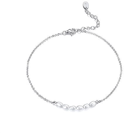 Mesnt Fußkettchen Silber 925 Damen, Silber WeißElegante Kette mit Perle Knöchelarmband 20+5cm für Frauen