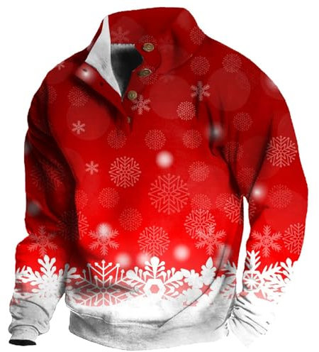 Pullover Herren Winter Stehkragen Sweatshirts Winter Pulli Ethnisch Bedruckt T Shirt Tops Wärme Herren Hoodie Langarmshirt Herren Mode Sweaters Baggy Herren Hemd Langarm Oberteils Sweatjacke(5-Red,M)