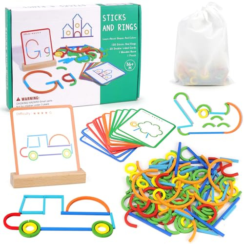 Erzekrim Montessori Holzpuzzles, Formanpassung Spiel Montessori Spielzeug ab 3 Jahre, Vorschule Lernspiele Lernspielzeug 120 Holz Sticks und Ringe, 20 Karten für Jungen Mädchen 3-6 Jahre