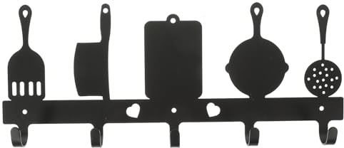Garneck Crochet Mural Cuisine en Fer Noir à 5 Crochets pour Rangement | Découpe Silhouette, Usage Polyvalent, Fixation Murale, Format Compact, Finition Noire